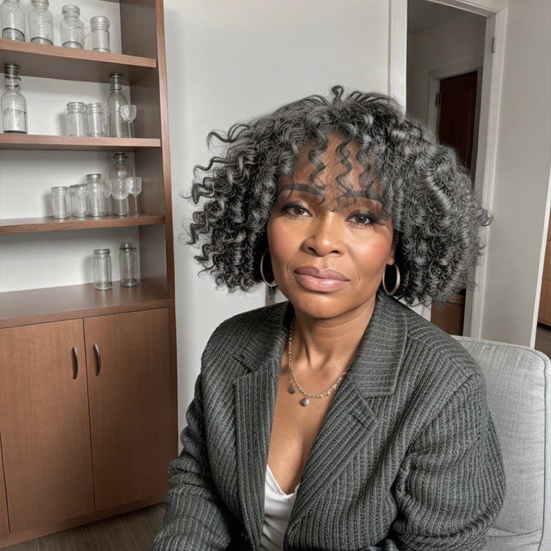 Salt And Pepper Kinky Curly Bob Glueless Wig With Bangs Human Hair Wigs