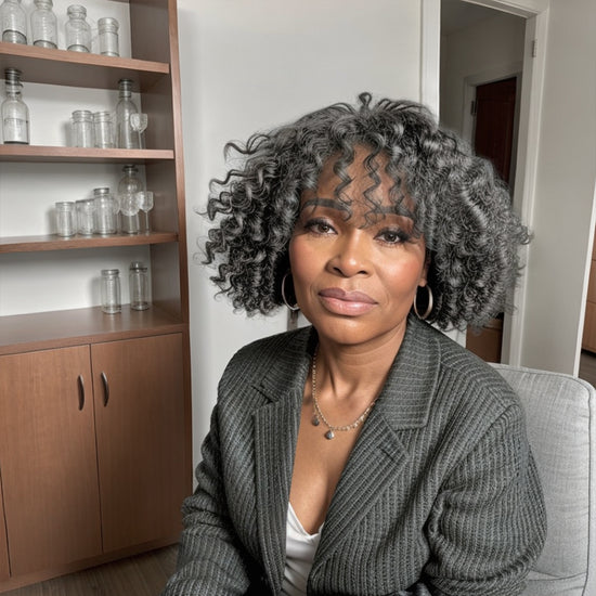 Salt And Pepper Kinky Curly Bob Glueless Wig With Bangs Human Hair Wigs