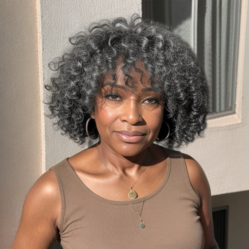 Salt And Pepper Kinky Curly Bob Glueless Wig With Bangs Human Hair Wigs
