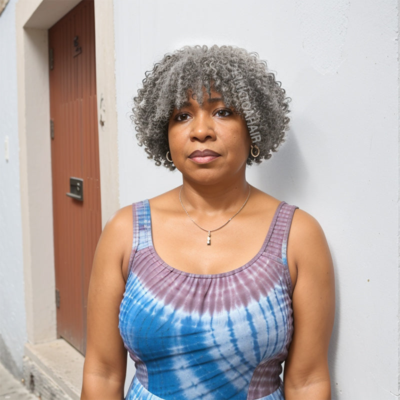 Linktohair Salt And Pepper Kinky Curly Glueless Bob Wig 100% Human Hair