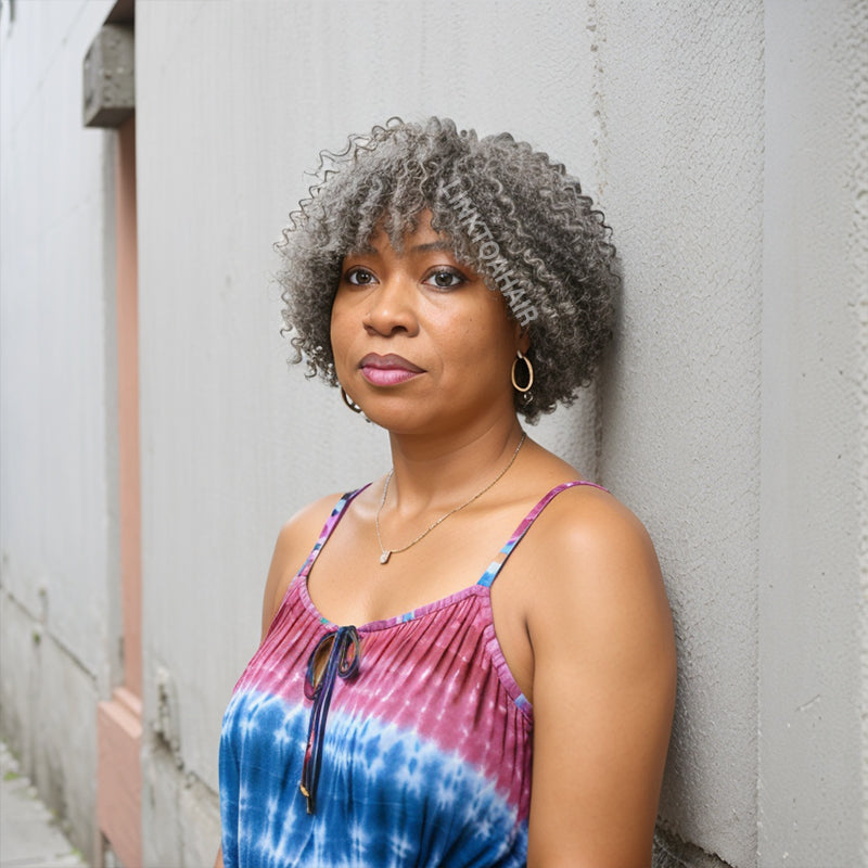 Linktohair Salt And Pepper Kinky Curly Glueless Bob Wig 100% Human Hair
