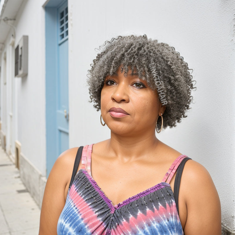Linktohair Salt And Pepper Kinky Curly Glueless Bob Wig 100% Human Hair