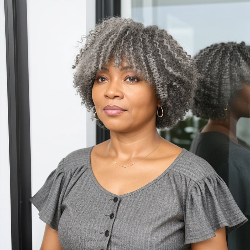 Linktohair Salt And Pepper Kinky Curly Glueless Bob Wig 100% Human Hair