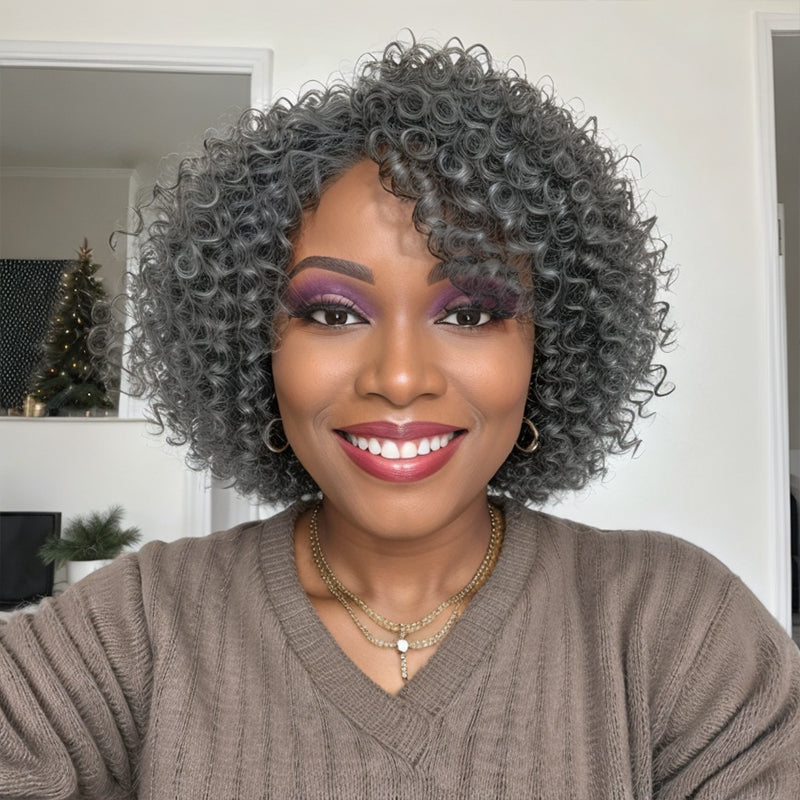 Salt & Pepper Kinky Curly Glueless Bob Wigs With Bangs 100% Human Hair