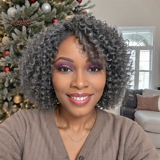 Salt And Pepper Kinky Curly Glueless Bob Wigs With Bangs 100% Human Hair