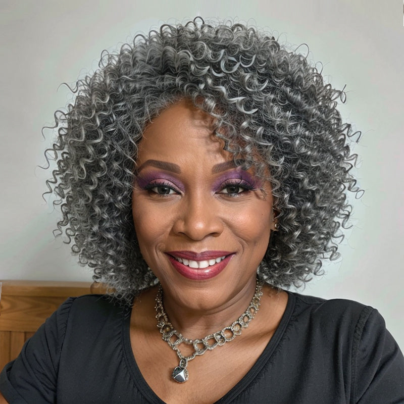 Salt And Pepper Kinky Curly Glueless Bob Wigs With Bangs 100% Human Hair