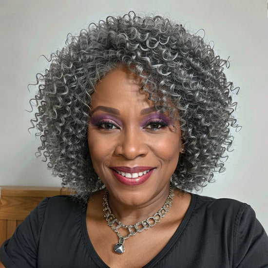 Salt And Pepper Kinky Curly Glueless Bob Wigs With Bangs 100% Human Hair