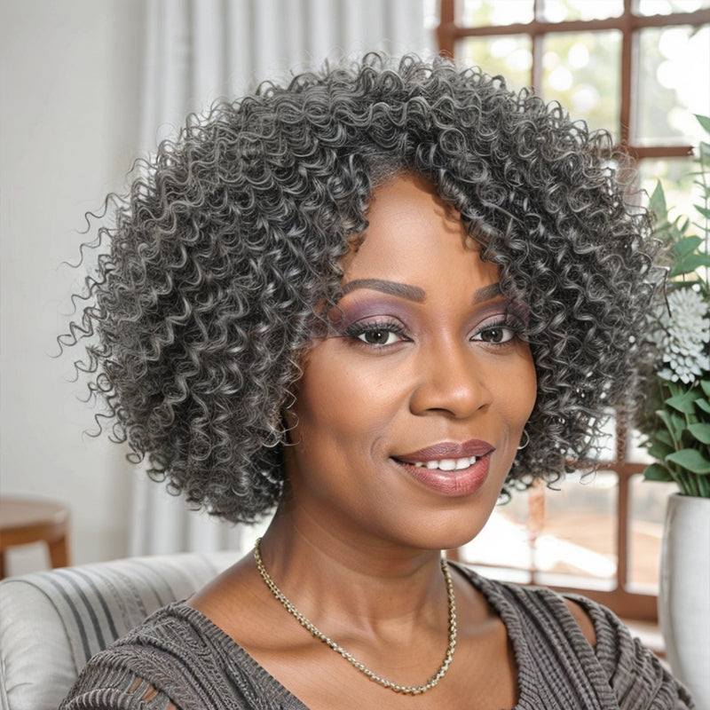 Salt And Pepper Kinky Curly Glueless Bob Wigs With Bangs 100% Human Hair