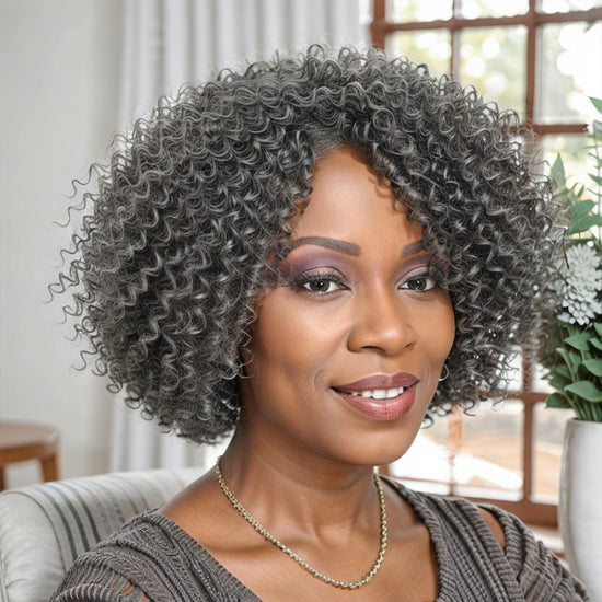 Salt And Pepper Kinky Curly Glueless Bob Wigs With Bangs 100% Human Hair