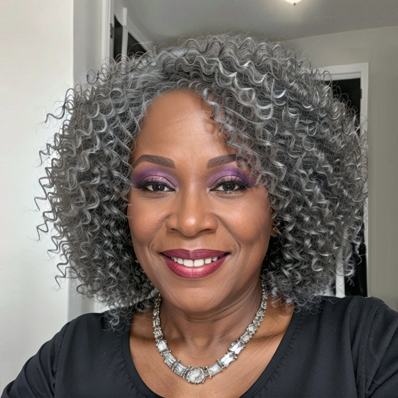 Salt And Pepper Kinky Curly Glueless Bob Wigs With Bangs 100% Human Hair