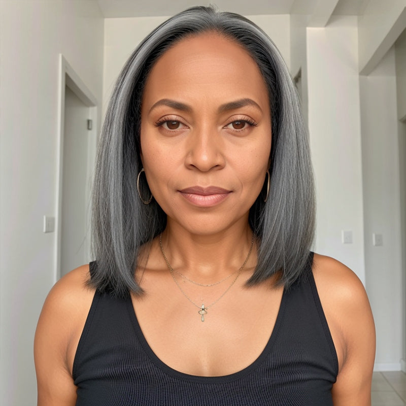 Salt And Pepper Kinky Straight 5x5 Closure Lace Glueless Wig Human Hair