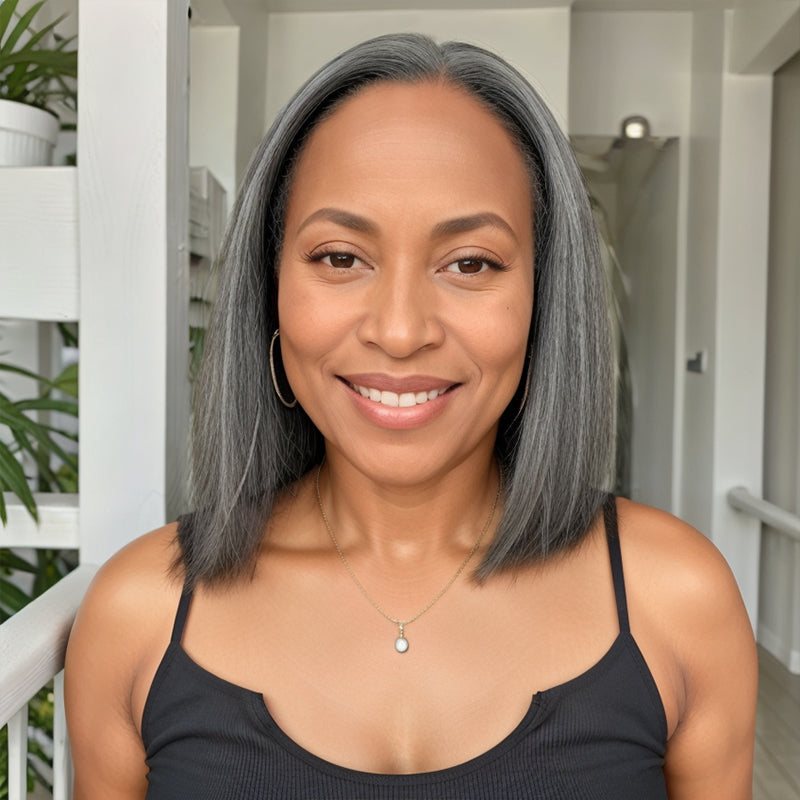 Salt And Pepper Kinky Straight 5x5 Closure Lace Glueless Wig Human Hair