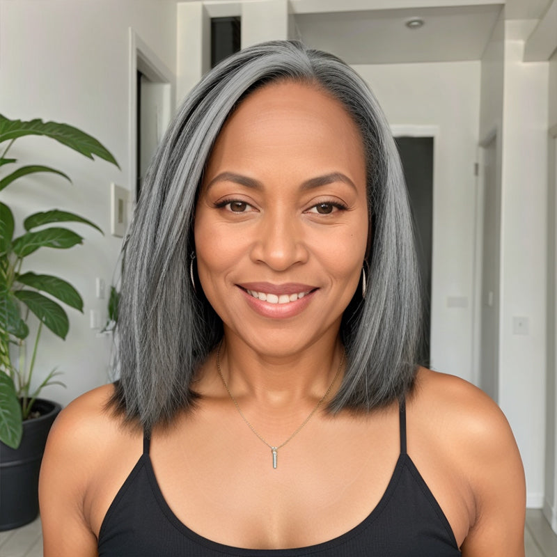 Trendy Design & Color | Salt And Pepper Kinky Straight 5x5 Closure Wig 100% Human Hair