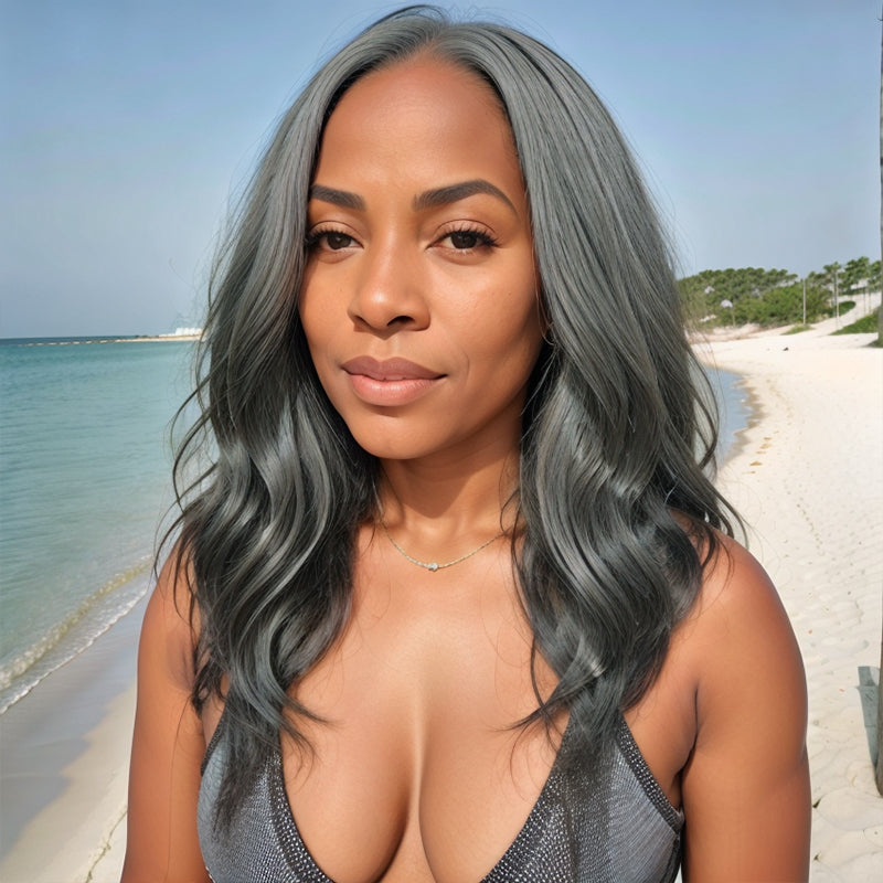 Salt And Pepper Layered Cut | Natural Wavy  Human Hair 5x5 Lace Closure Wig 100% Human Hair