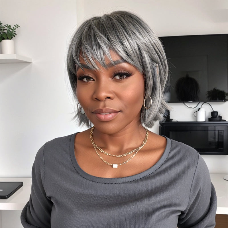 Salt And Pepper Layered Pixie Cut Short Mullet Wigs With Bangs 100% Human Hair