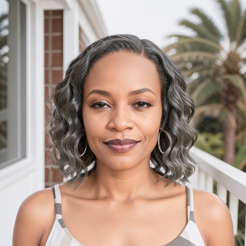 Linktohair Salt And Pepper Loose Wave Glueless Pre-Cut 5x5 Closure Lace Bob Wig