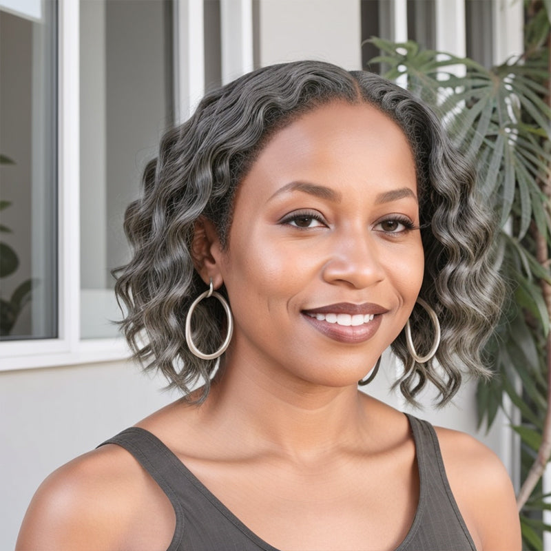 Linktohair Salt And Pepper Loose Wave Glueless Pre-Cut 5x5 Closure Lace Bob Wig
