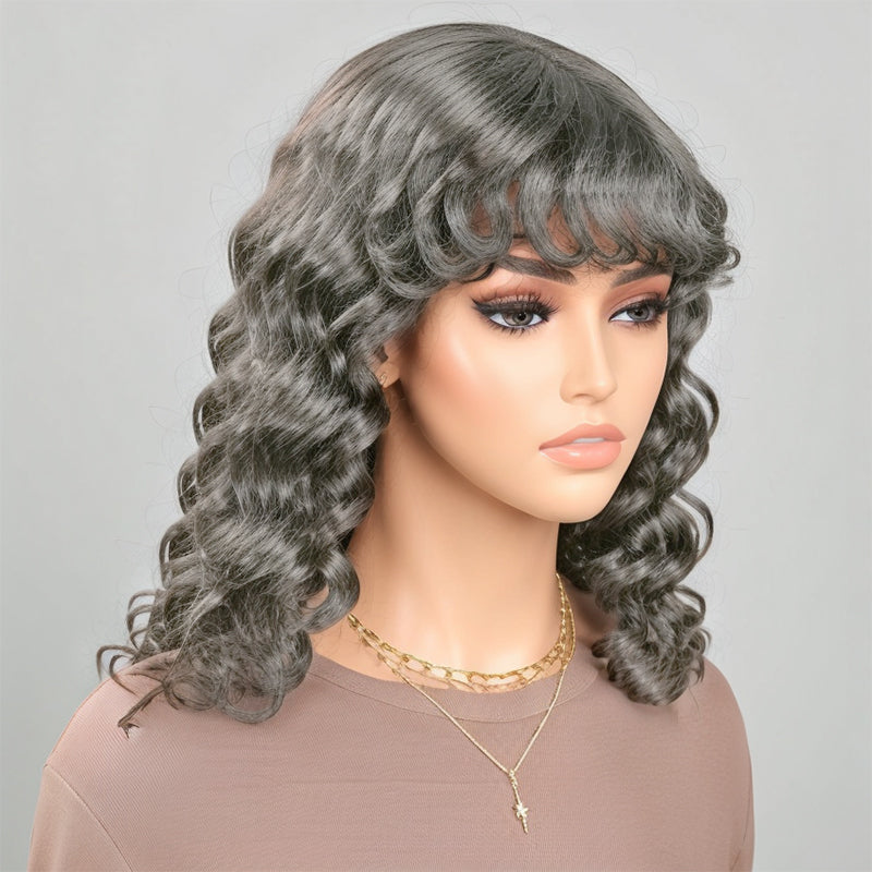 Salt And Pepper Loose Wavy Glueless Protective Style Bob Wig with Bangs Human Hair Wigs