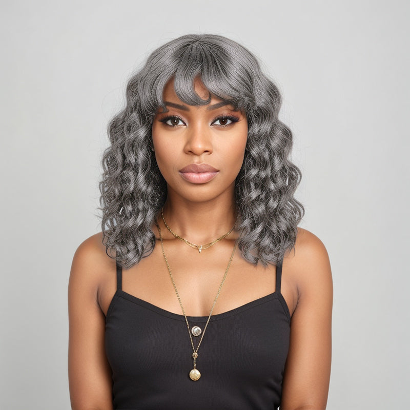 Salt And Pepper Loose Wavy Glueless Protective Style Bob Wig with Bangs Human Hair Wigs