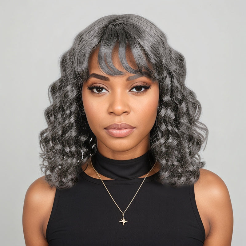 Salt And Pepper Loose Wavy Glueless Protective Style Bob Wig with Bangs Human Hair Wigs