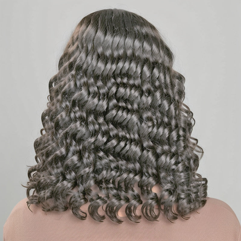 Salt And Pepper Loose Wavy Glueless Protective Style Bob Wig with Bangs Human Hair Wigs