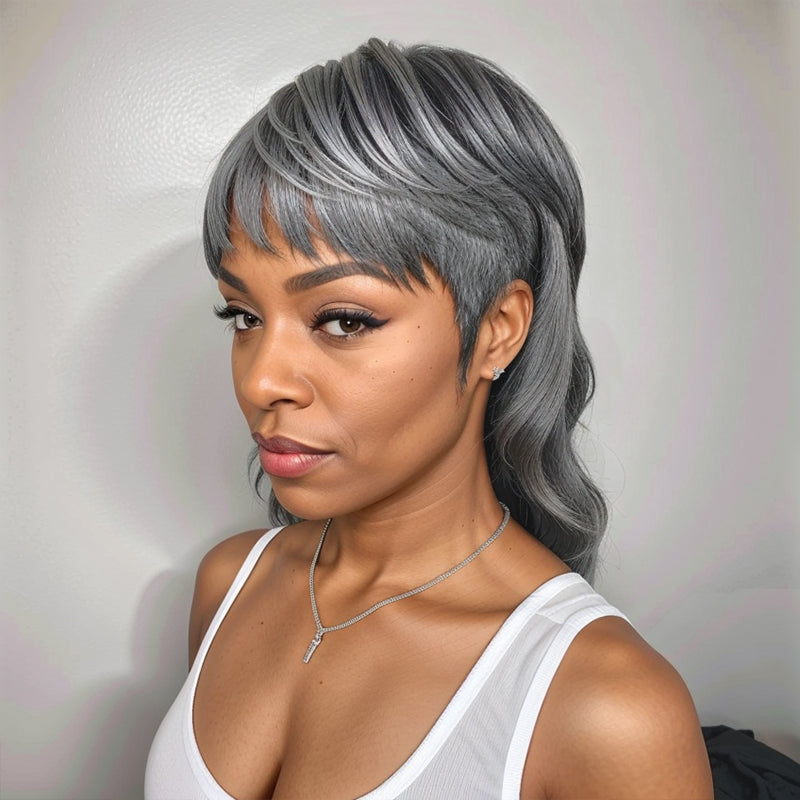 Salt & Pepper Mullet Haircut Wigs Glueless 80s 90s Wolftail Wig With Bangs Human Hair