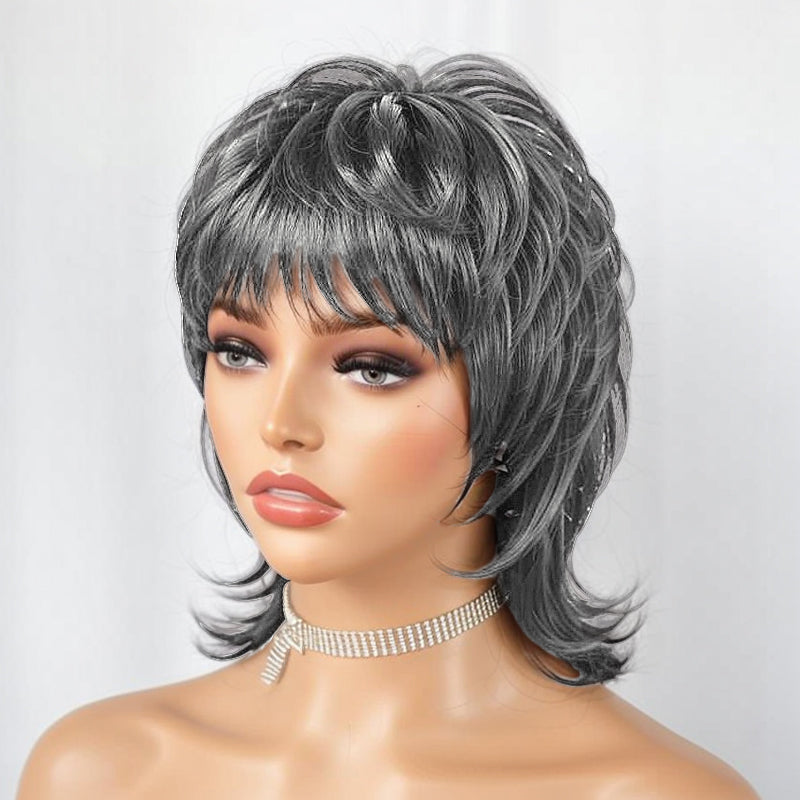 Salt & Pepper Mullet Wig Put on and Go Shaggy Layered 80s Short Pixie Cut Wig With Bangs Curly 100% Human Hair