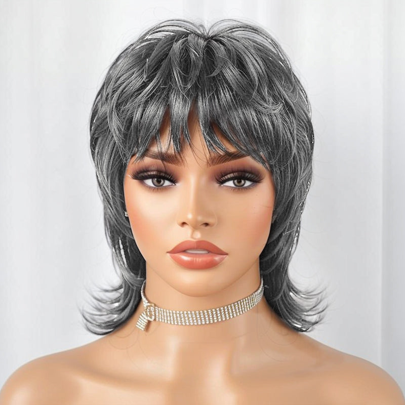 Salt & Pepper Mullet Wig Put on and Go Shaggy Layered 80s Short Pixie Cut Wig With Bangs Curly 100% Human Hair