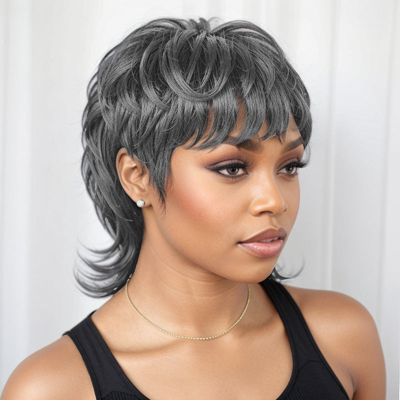 Salt & Pepper Mullet Wig Put on and Go Shaggy Layered 80s Short Pixie Cut Wig With Bangs Curly 100% Human Hair