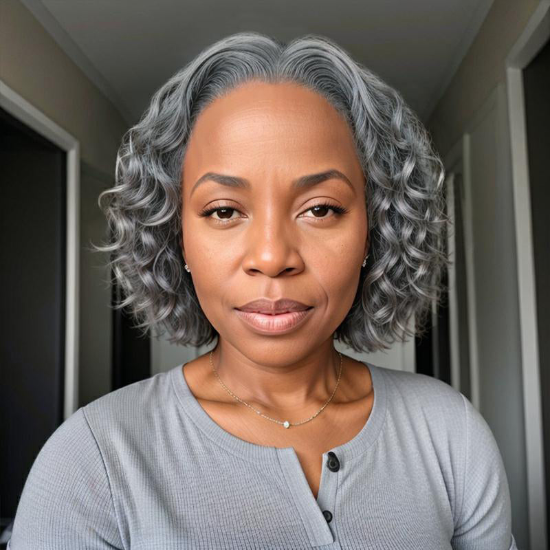 Salt And Pepper Short Bob Water Wave Glueless 5x5 Closure Lace Wig 100% Human Hair