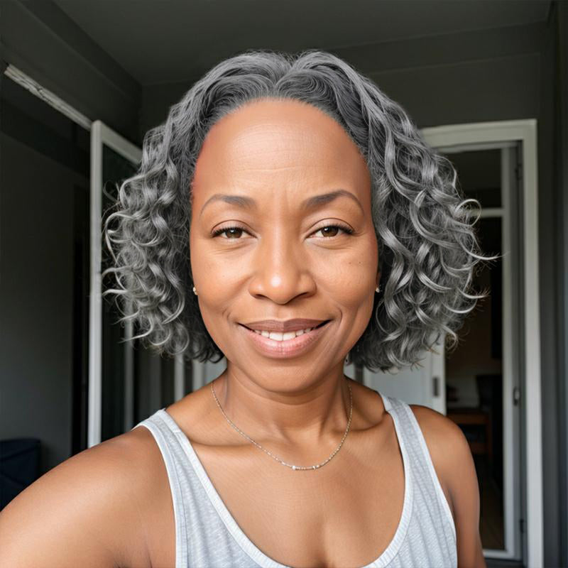 Salt And Pepper Short Bob Water Wave Glueless 5x5 Closure Lace Wig 100% Human Hair