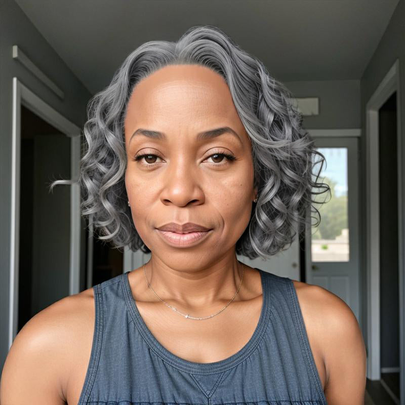Salt And Pepper Short Bob Water Wave Glueless 5x5 Closure Lace Wig 100% Human Hair