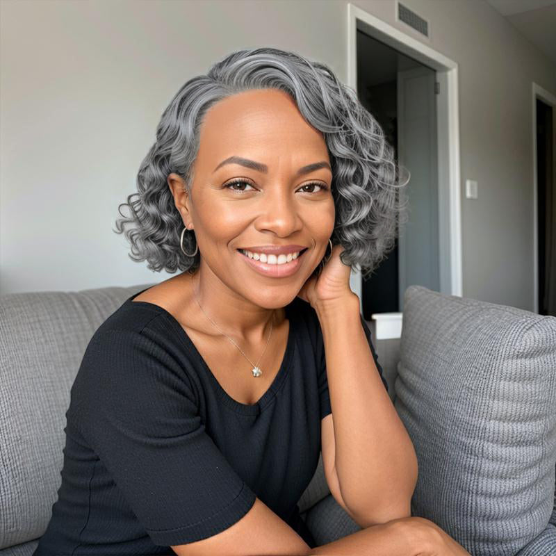Salt And Pepper Short Bob Water Wave Glueless 5x5 Closure Lace Wig 100% Human Hair