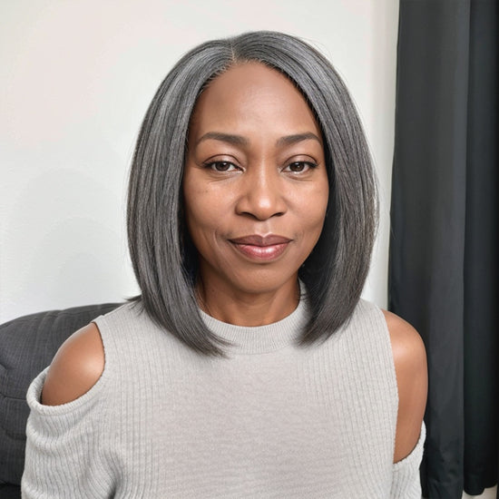 Salt And Pepper Short Kinky Straight Glueless 5x5 Closure Wig 100% Human Hair