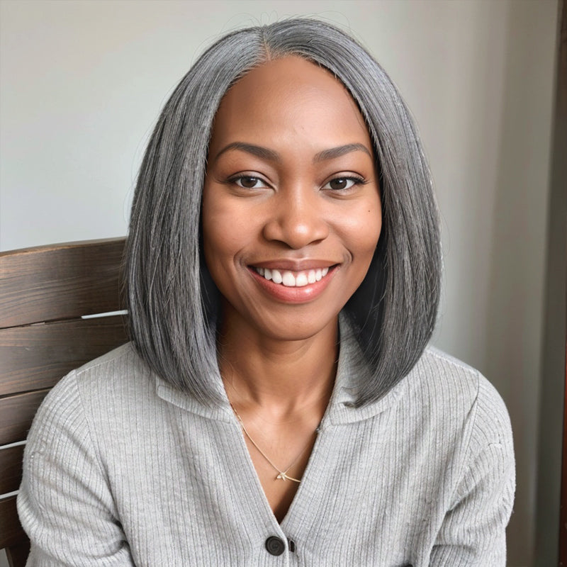 Salt And Pepper Short Kinky Straight Glueless 5x5 Closure Wig 100% Human Hair