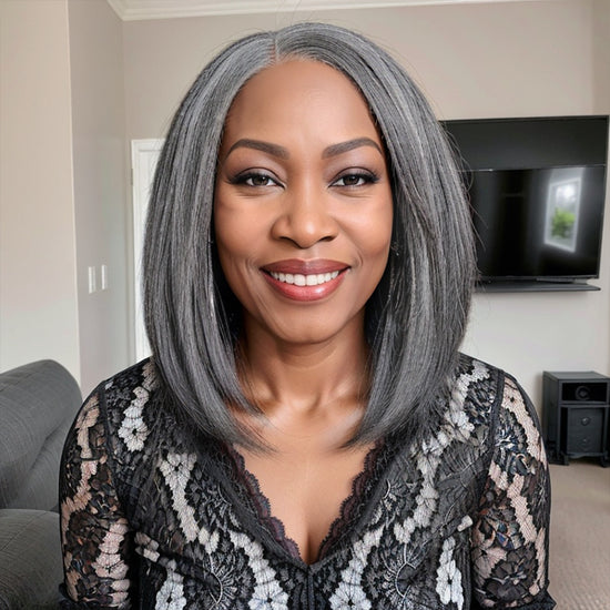 Salt And Pepper Short Kinky Straight Glueless 5x5 Closure Wig 100% Human Hair