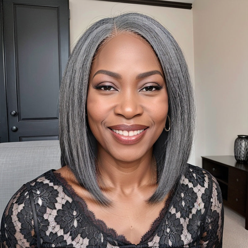 Trendy Design & Color | Salt And Pepper Kinky Straight 5x5 Closure Wig 100% Human Hair