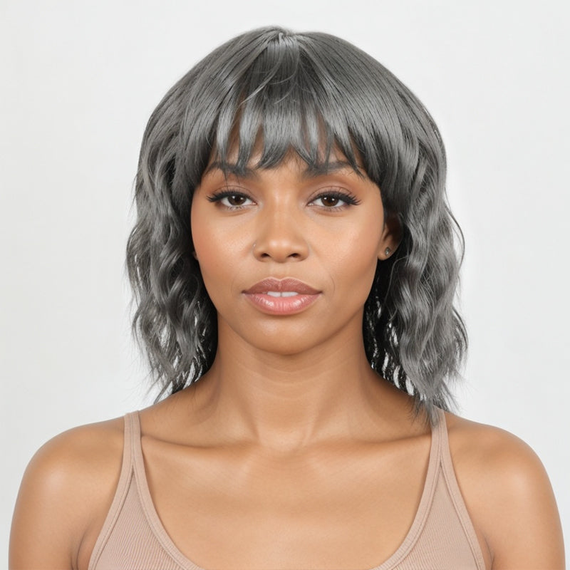 Salt & Pepper Short Mullet Wig Short Bob with Bangs 80s 90s Shaggy Layered Hair Shoulder Length Wigs