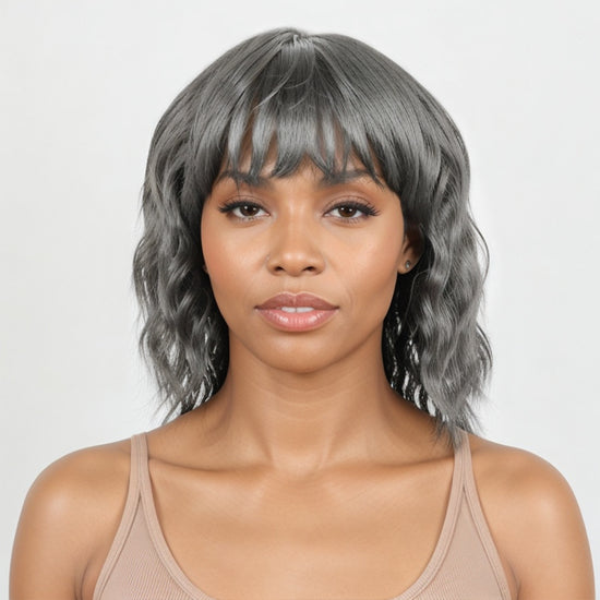 Salt And Pepper Short Mullet Wig Short Bob with Bangs 80s 90s Shaggy Layered Hair Shoulder Length Wigs