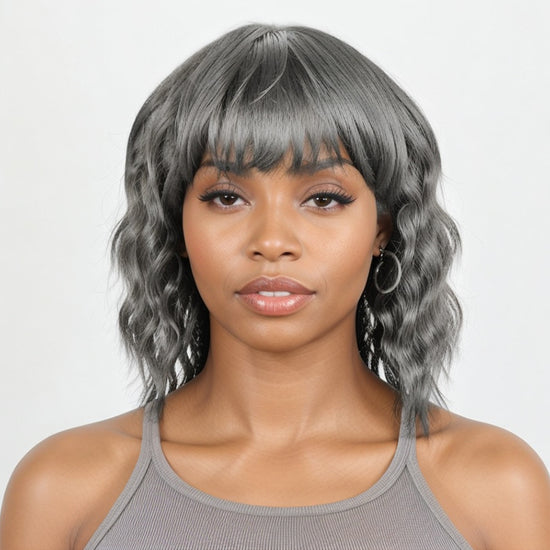 Salt & Pepper Short Mullet Wig Short Bob with Bangs 80s 90s Shaggy Layered Hair Shoulder Length Wigs