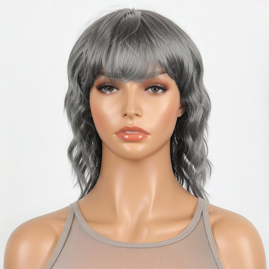 Salt & Pepper Short Mullet Wig Short Bob with Bangs 80s 90s Shaggy Layered Hair Shoulder Length Wigs