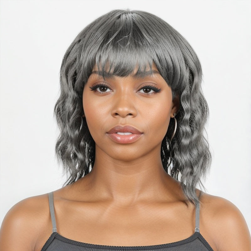 Salt & Pepper Short Mullet Wig Short Bob with Bangs 80s 90s Shaggy Layered Hair Shoulder Length Wigs