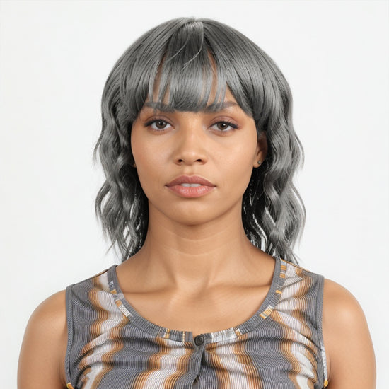 Salt & Pepper Short Mullet Wig Short Bob with Bangs 80s 90s Shaggy Layered Hair Shoulder Length Wigs