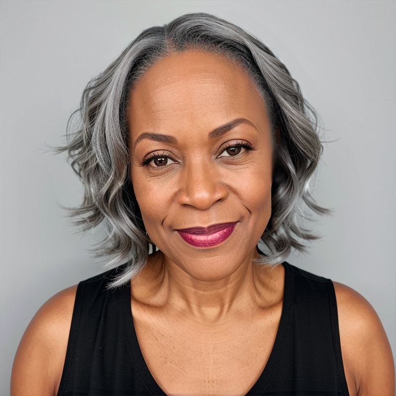 Put On & Go Salt And Pepper Short Glueless 5x5 Closure Lace Wig 100% Human Hair
