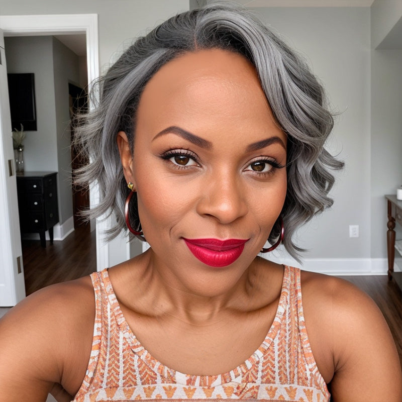Put On & Go Salt And Pepper Short Glueless 5x5 Closure Lace Wig 100% Human Hair