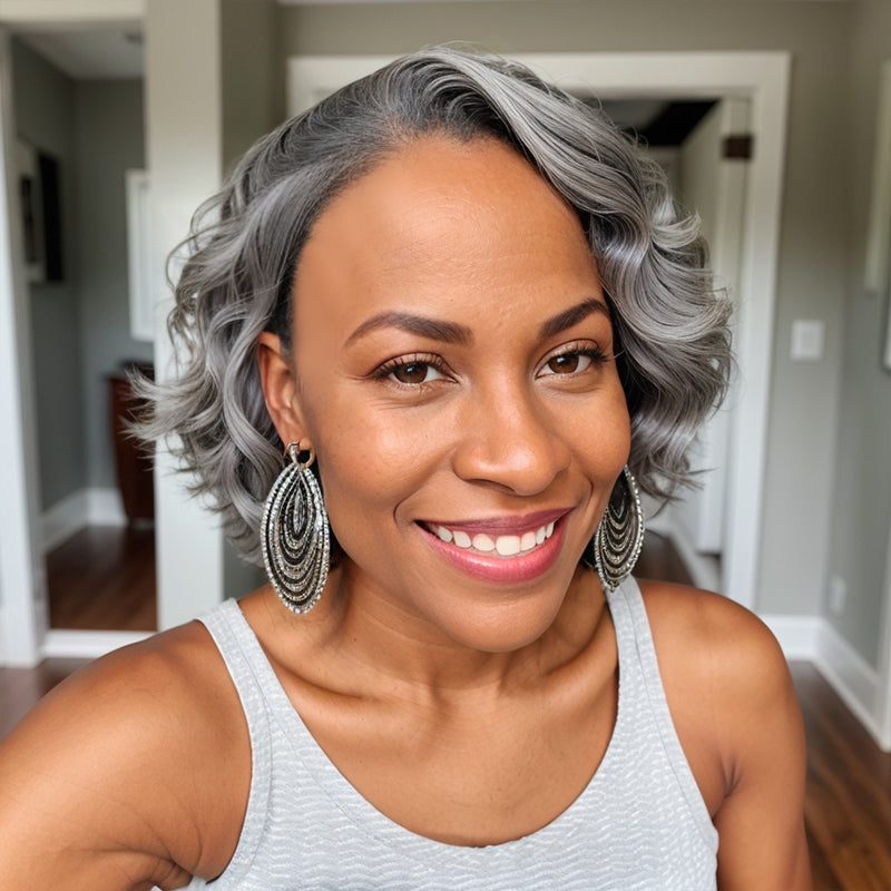 Put On & Go Salt And Pepper Short Glueless 5x5 Closure Lace Wig 100% Human Hair