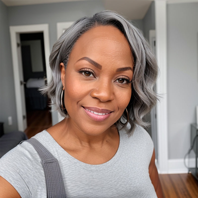 Salt And Pepper Short Pixie C Part Cut Glueless 5x5 Closure Lace Wig 100% Human Hair