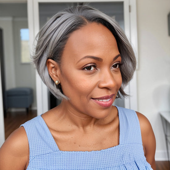 Salt And Pepper Short Pixie C Part Cut Glueless 5x5 Closure Lace Wig 100% Human Hair