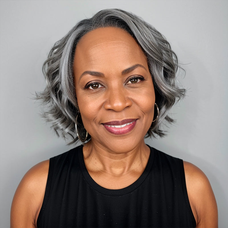 Put On & Go Salt And Pepper Short Glueless 5x5 Closure Lace Wig 100% Human Hair