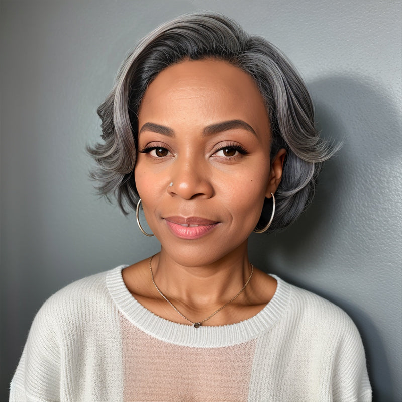 Salt And Pepper Short Pixie C Part Cut Glueless 5x5 Closure Lace Wig 100% Human Hair